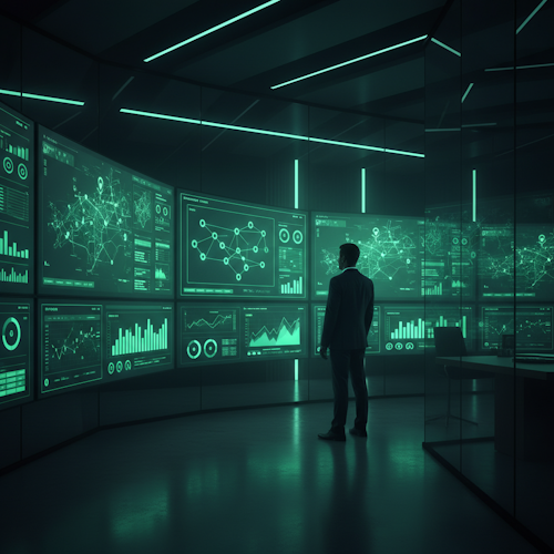 Sala de control con pared curva de dashboards mostrando red de estaciones de servicio en tiempo real