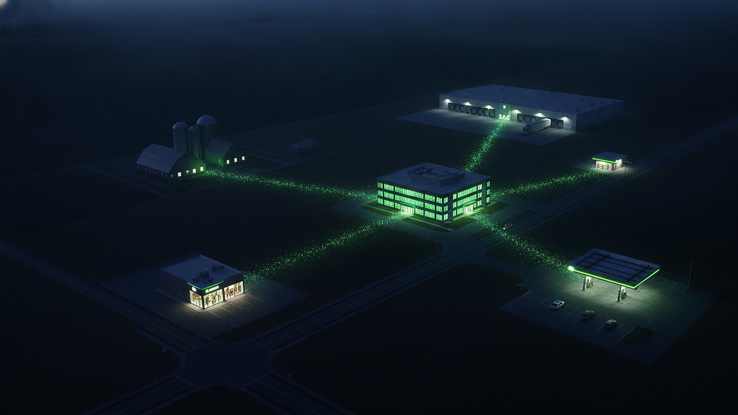 Vista aérea nocturna de una casa central conectada por rutas de luz con un depósito, una estación de servicio, un local comercial y un campo