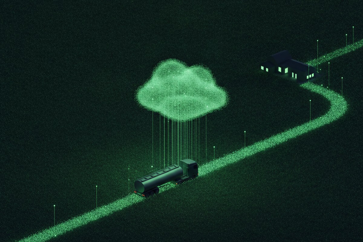 Camión cisterna cruzando un campo de noche con un rastro de luz verde hacia un establecimiento rural