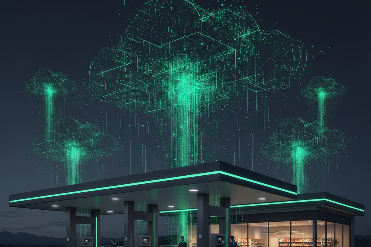 Estación de servicio de noche con nubes de datos verdes sincronizando con la central