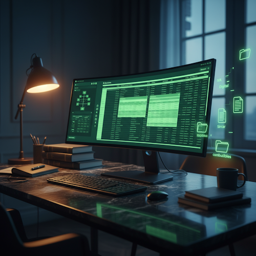 Monitor curvo mostrando libro mayor con exportaciones fiscales IVA Digital, Citi y Sircar