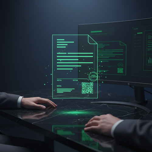 Comprobante electrónico holográfico con código QR siendo validado por AFIP