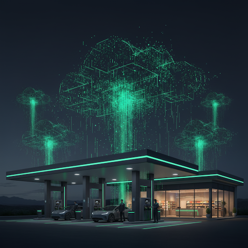 Estación de servicio central conectada a sucursales holográficas mostrando sincronización en tiempo real