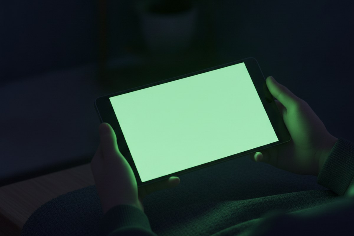 Manos sosteniendo una tablet con pantalla verde en un ambiente hogareño