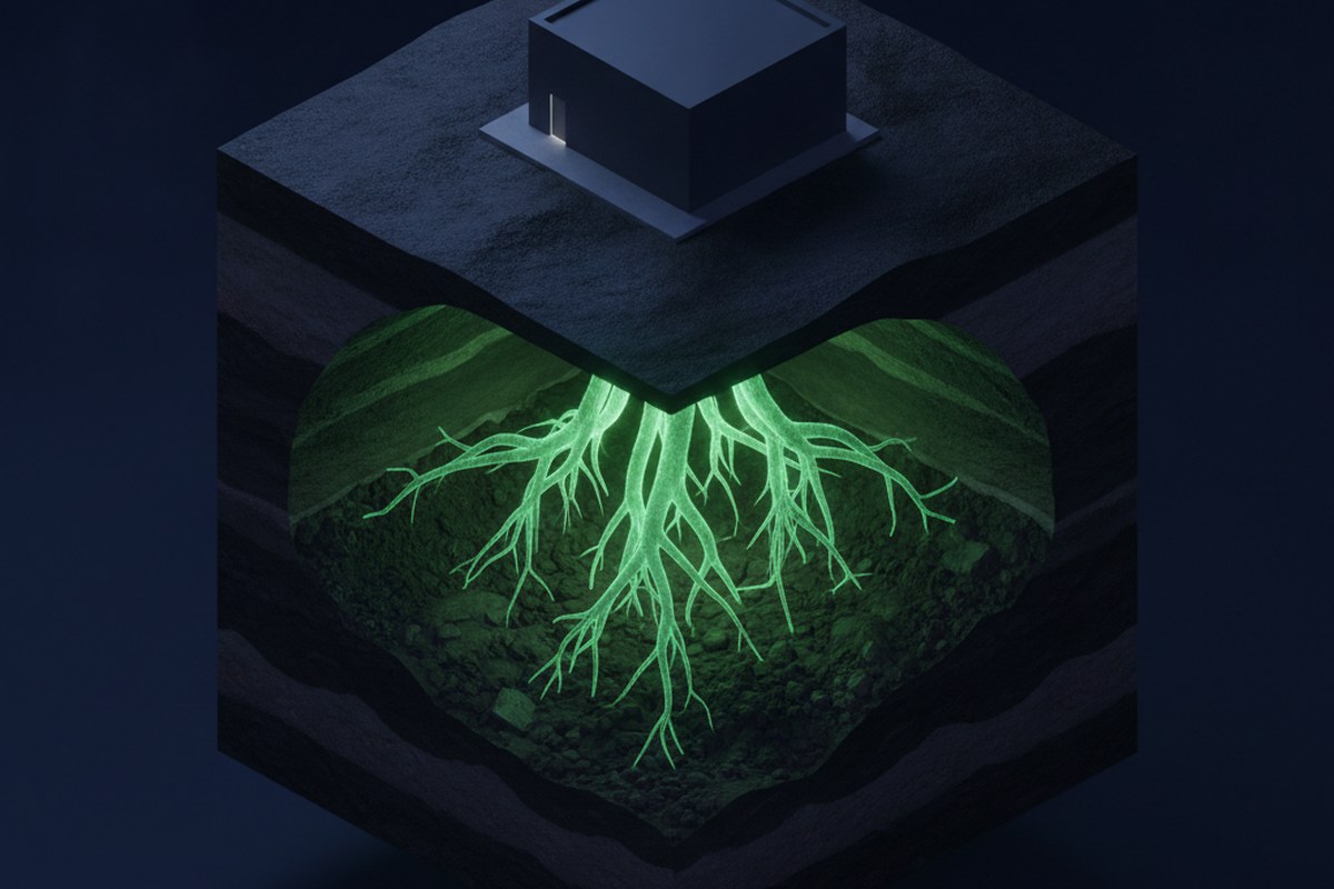 Un edificio con raíces profundas de luz verde que bajan por capas de tierra