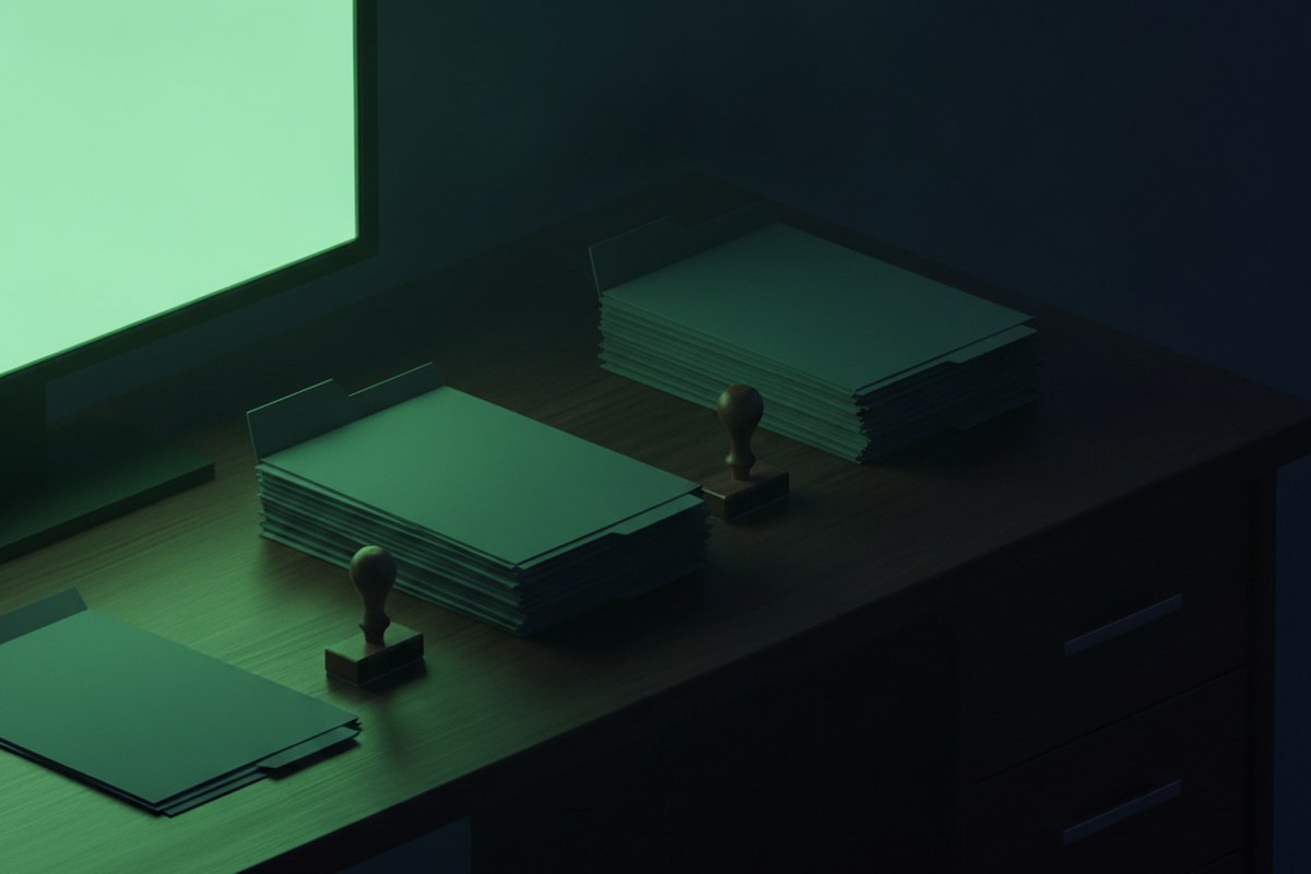 Escritorio de contador de noche con carpetas y sellos iluminados en verde
